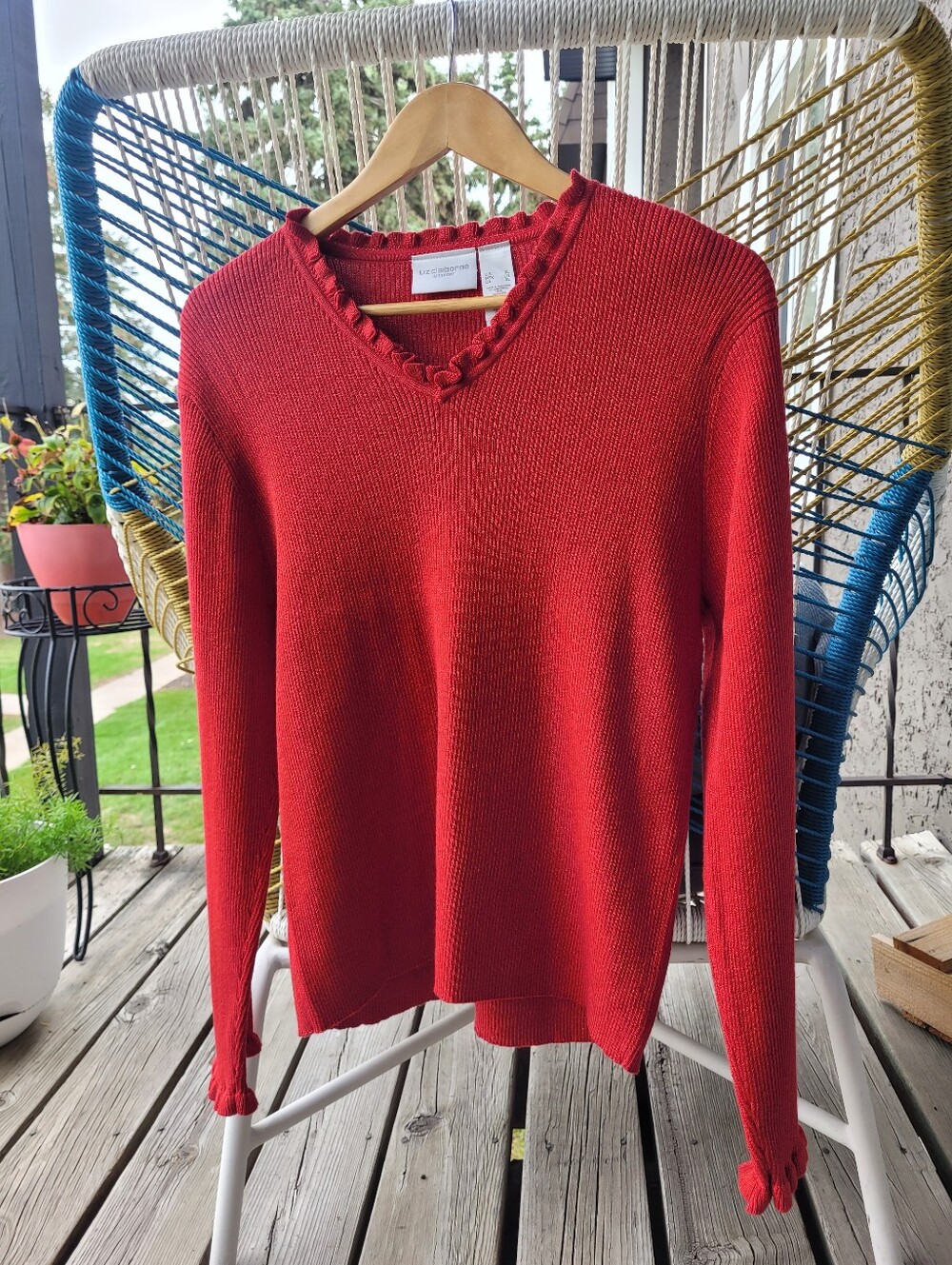 Women's Cherry Red Metallic Ruffle Vneck Sweater, Size XL